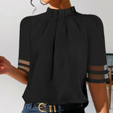 Color Top Net Splicing Half Sleeve Mesh Stitching Pleated Blouse